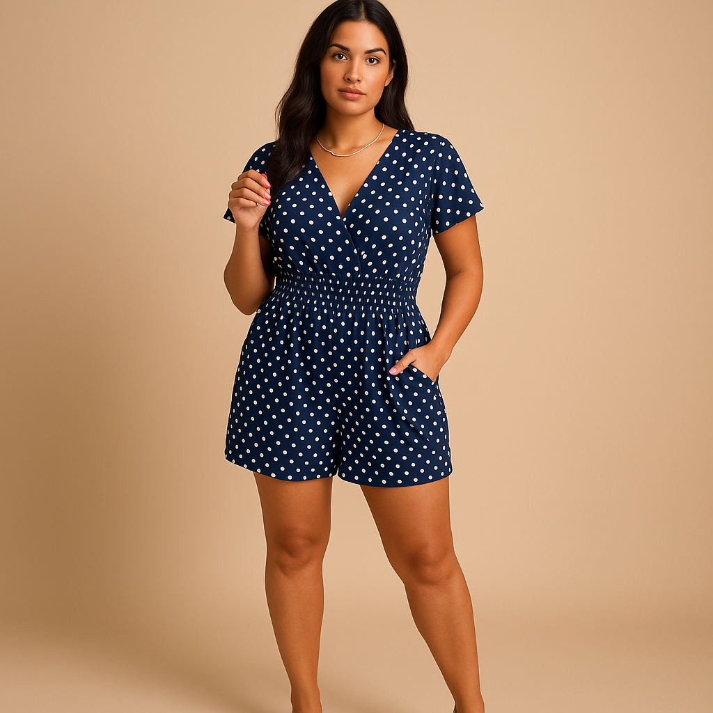 Woman wearing a polkadot summer jumpsuit with practical pockets and a flattering breathable design, ideal for warm casual days.