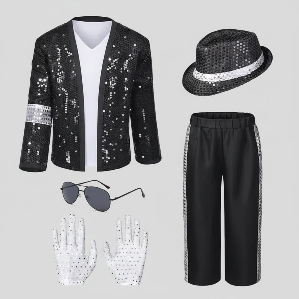 Pop Star Costume Outfit with Sequined Jacket Fedora Gloves and Wig - Image 2
