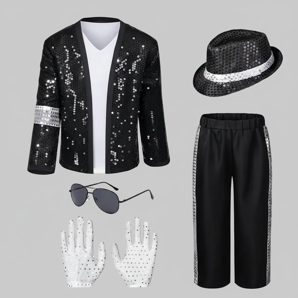 Pop Star Costume Outfit with Sequined Jacket Fedora Gloves and Wig - Image 4