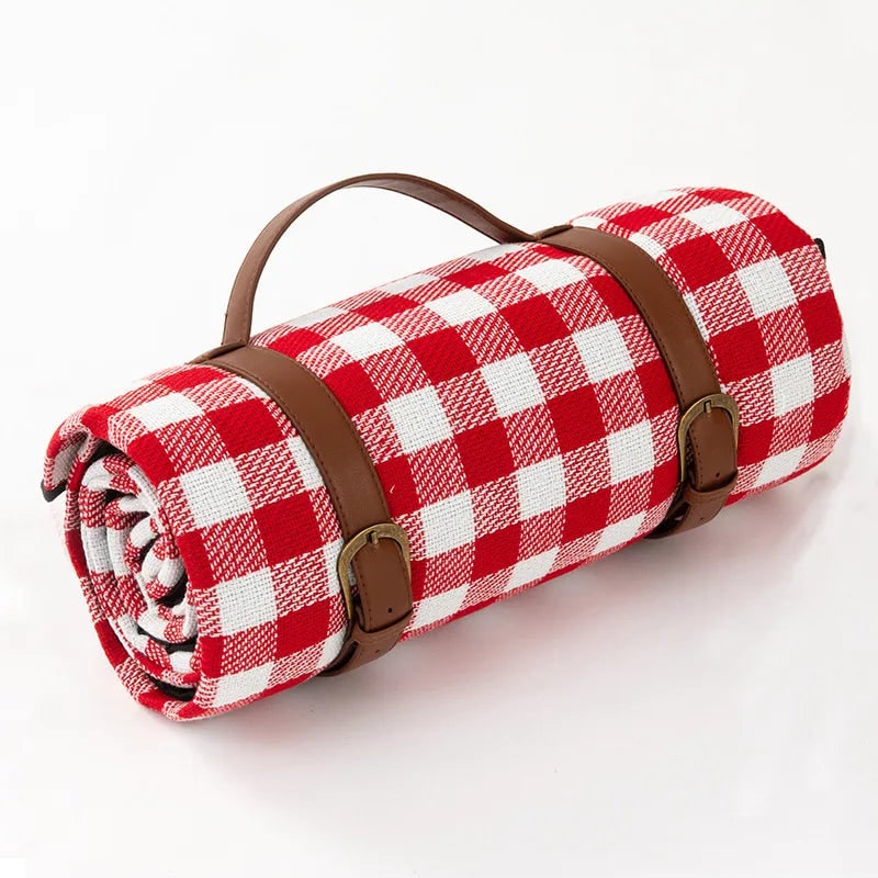 Portable Picnic Blanket with Faux Leather Carrying Strap and Waterproof Backing - Image 1