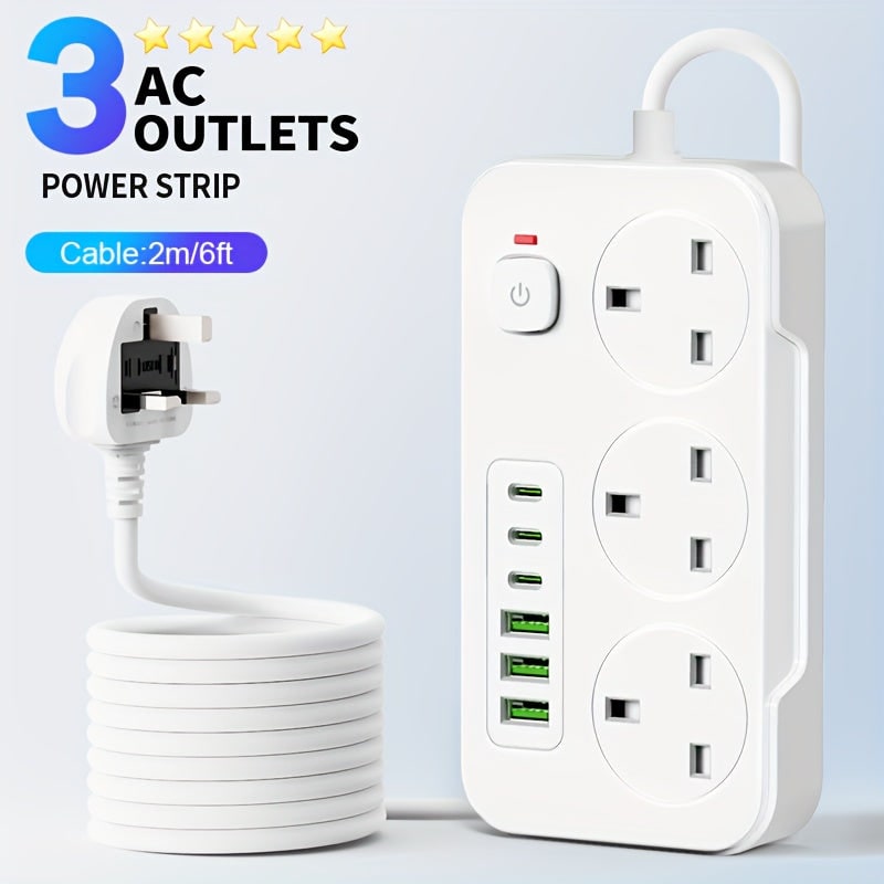 Power Strip with 3 AC Outlets 6 USB Ports and 2m Extension Cable - Image 3
