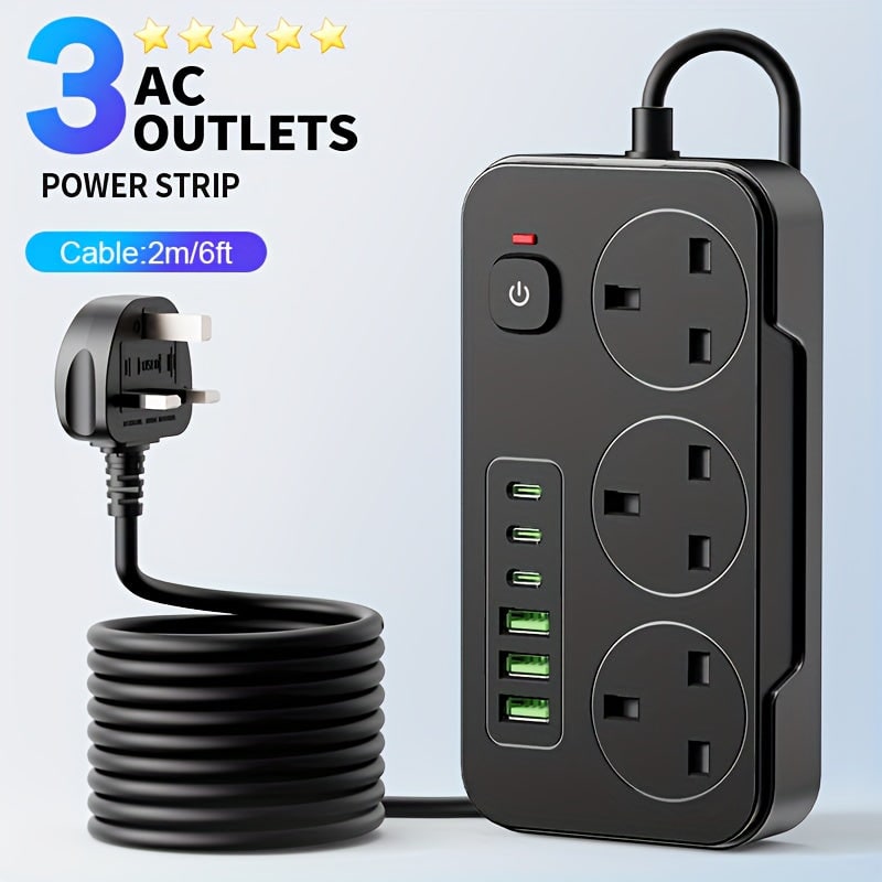 Power Strip with 3 AC Outlets 6 USB Ports and 2m Extension Cable - Image 5