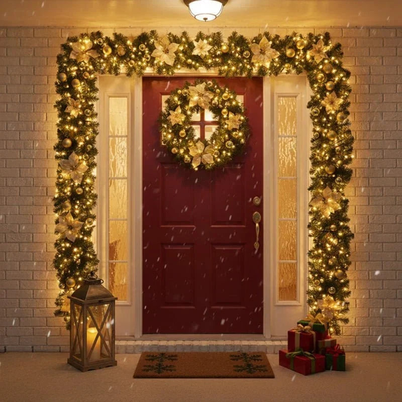 Pre-Lit Christmas Garland with Lights Warm White LED Ornaments and Artificial Pine for Mantle - Image 1