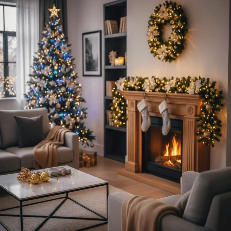Pre-Lit Christmas Garland with Lights Warm White LED Ornaments and Artificial Pine for Mantle - Image 10