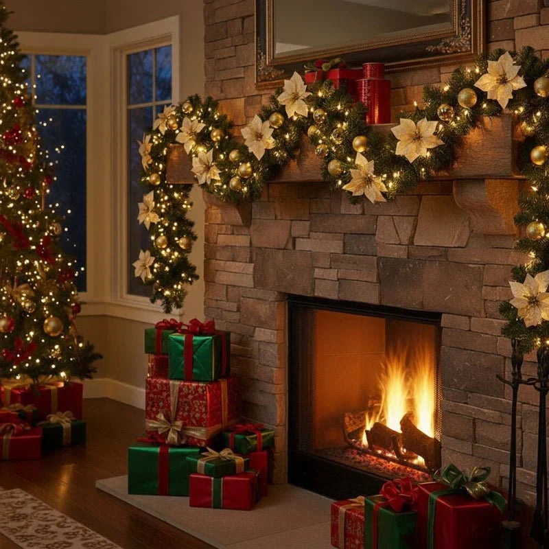 Pre-Lit Christmas Garland with Lights Warm White LED Ornaments and Artificial Pine for Mantle - Image 2