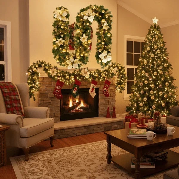 Pre-Lit Christmas Garland with Lights Warm White LED Ornaments and Artificial Pine for Mantle - Image 4