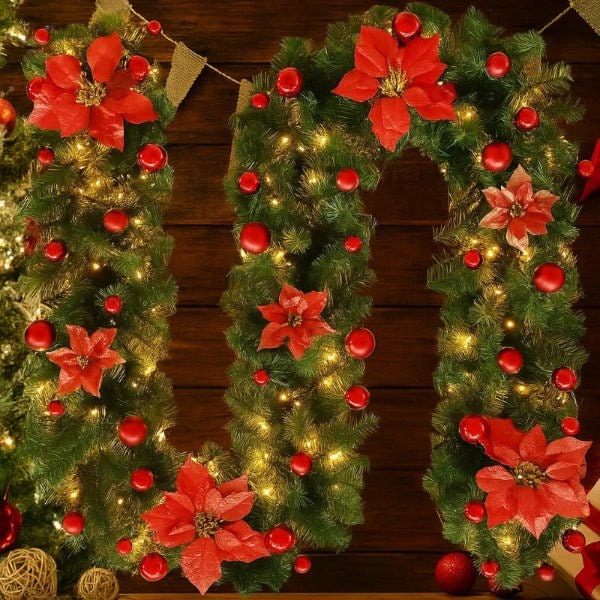 Pre-Lit Christmas Garland with Lights Warm White LED Ornaments and Artificial Pine for Mantle - Image 5