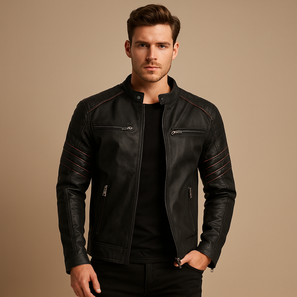 Men’s premium biker jacket with a structured fit and weather-resistant finish, suitable for motorcycle rides, casual evenings, and everyday wear.