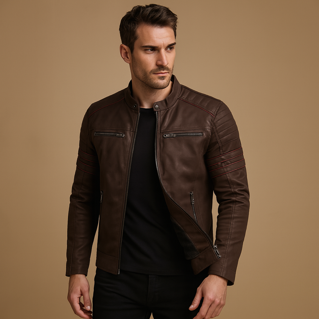 Men’s premium biker jacket with a structured fit and weather-resistant finish, suitable for motorcycle rides, casual evenings, and everyday wear.