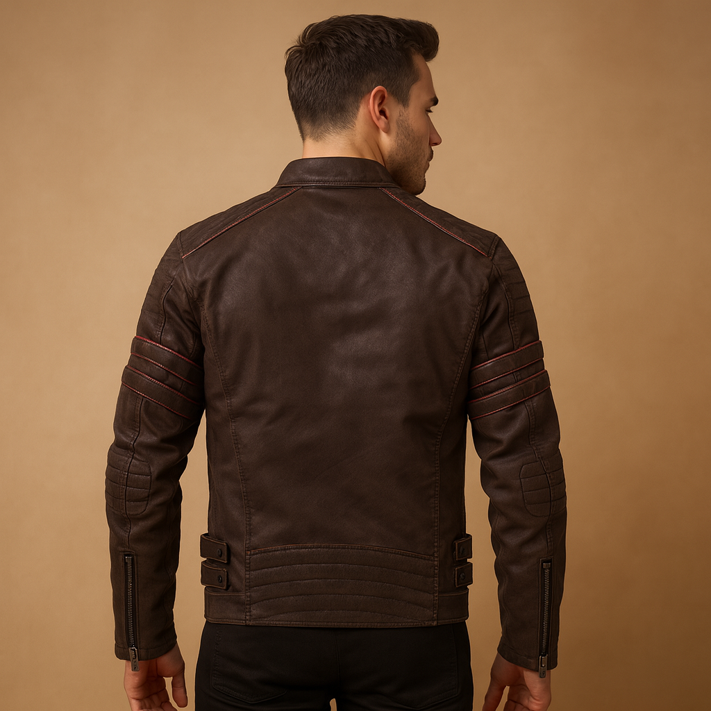 Men’s premium biker jacket with a structured fit and weather-resistant finish, suitable for motorcycle rides, casual evenings, and everyday wear.