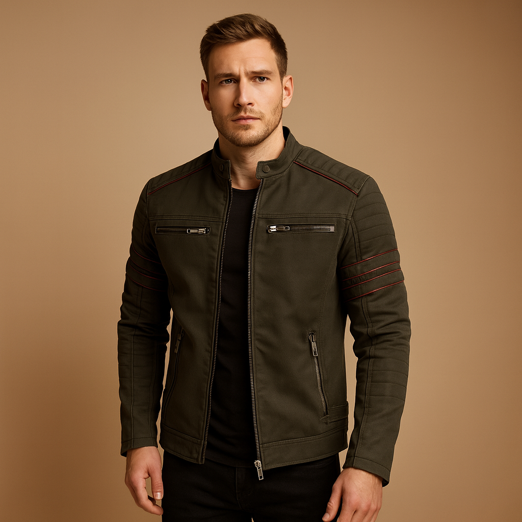 Men’s premium biker jacket with a structured fit and weather-resistant finish, suitable for motorcycle rides, casual evenings, and everyday wear.