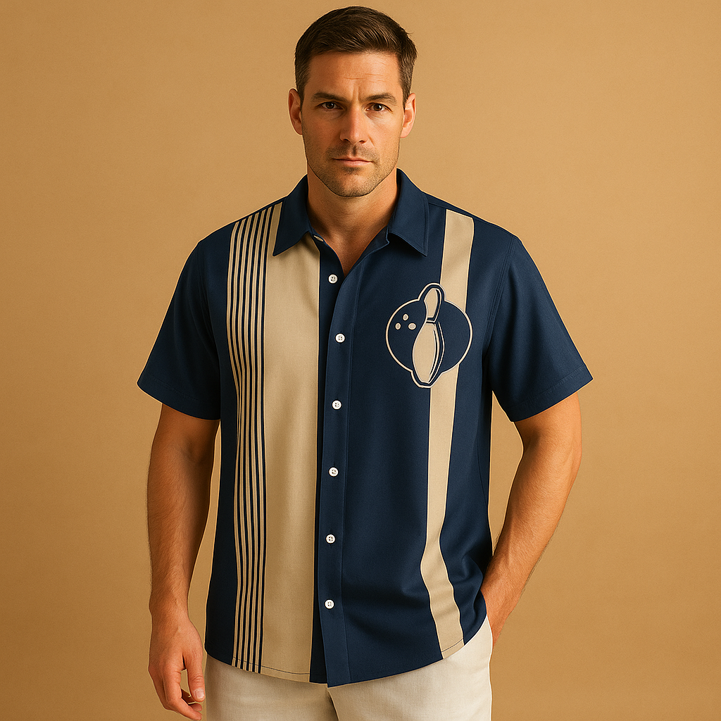 Printed casual polo shirt for men with a unique bowling-style design and comfortable breathable fit, ideal for casual outfits and sporty occasions.