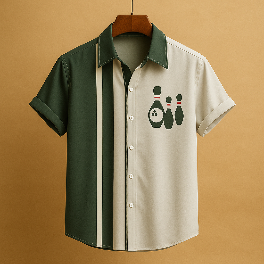 Printed casual polo shirt for men with a unique bowling-style design and comfortable breathable fit, ideal for casual outfits and sporty occasions.