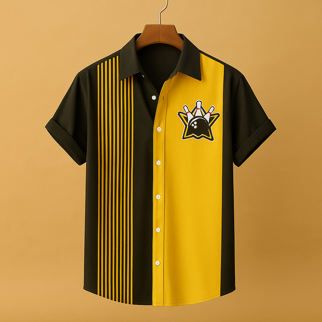 Printed casual polo shirt for men with a unique bowling-style design and comfortable breathable fit, ideal for casual outfits and sporty occasions.