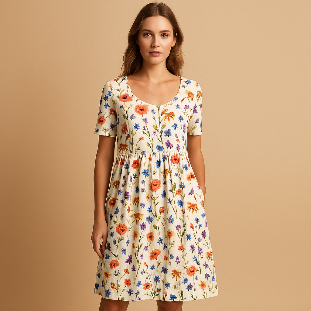 Printed cotton midi dress for women with playful summer patterns and comfortable fit, ideal for vacations, casual outings, and warm sunny days.