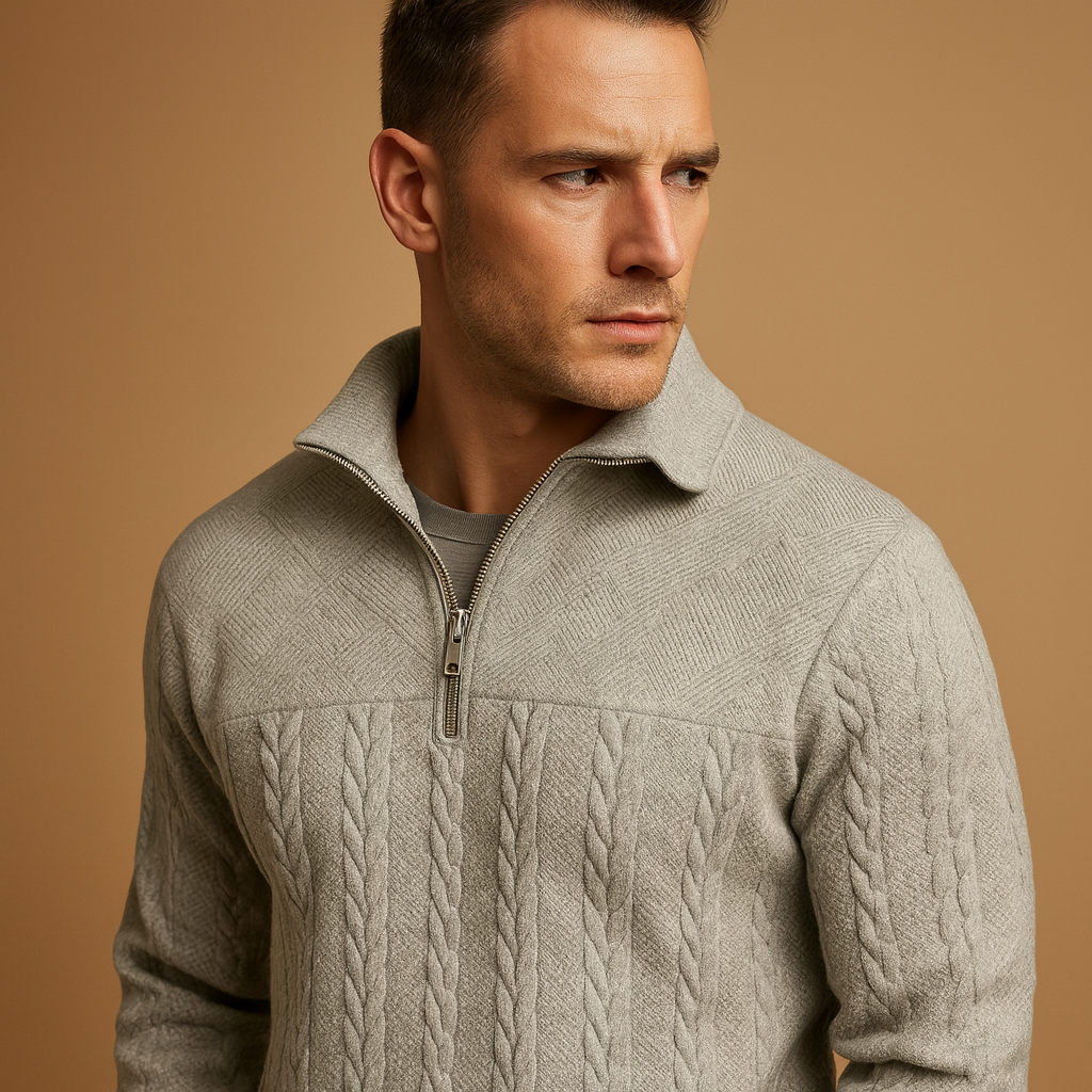 Men’s quarter-zip pullover with subtle woven pattern and relaxed fit, perfect for casual and semi-formal outfits in autumn and winter.