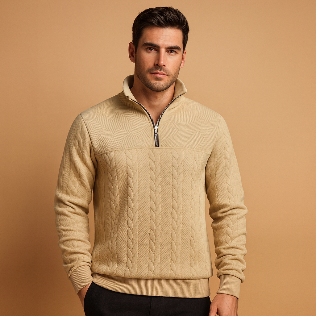 Men’s quarter-zip pullover with subtle woven pattern and relaxed fit, perfect for casual and semi-formal outfits in autumn and winter.