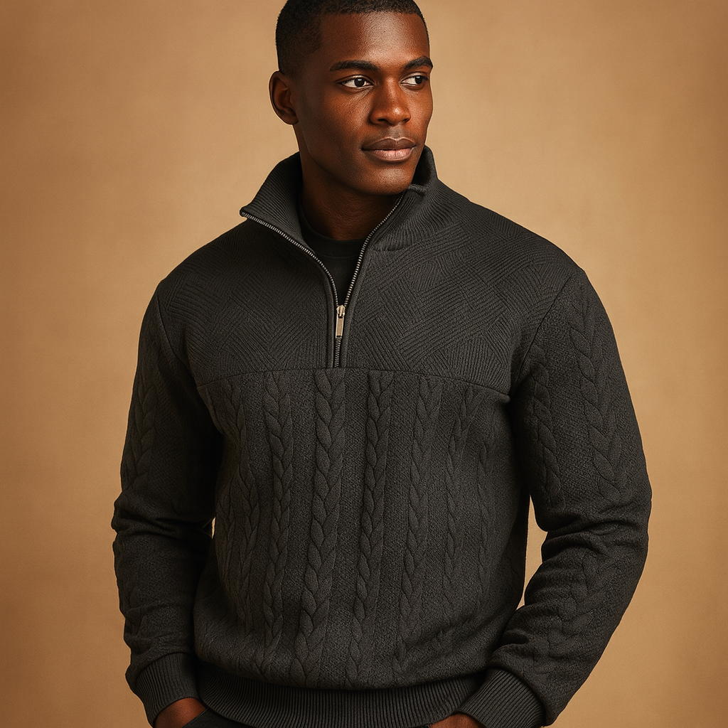 Men’s quarter-zip pullover with subtle woven pattern and relaxed fit, perfect for casual and semi-formal outfits in autumn and winter.