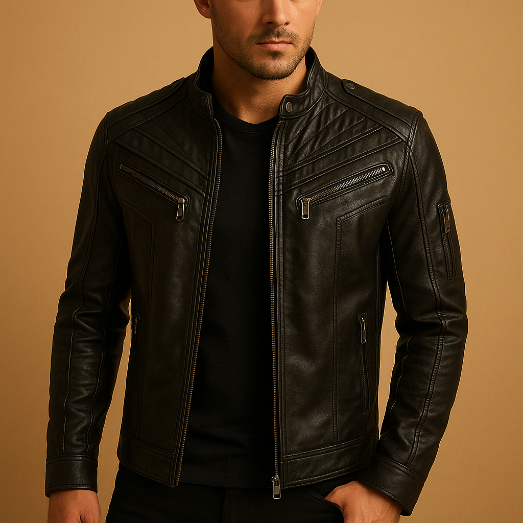 Men’s quilted jacket with a stand-up collar and zip pockets, suitable for casual outfits and formal occasions throughout the season.