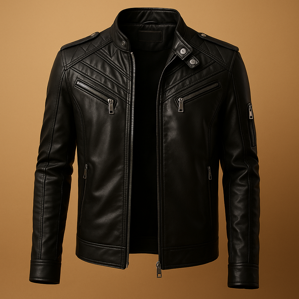 Men’s quilted jacket with a stand-up collar and zip pockets, suitable for casual outfits and formal occasions throughout the season.