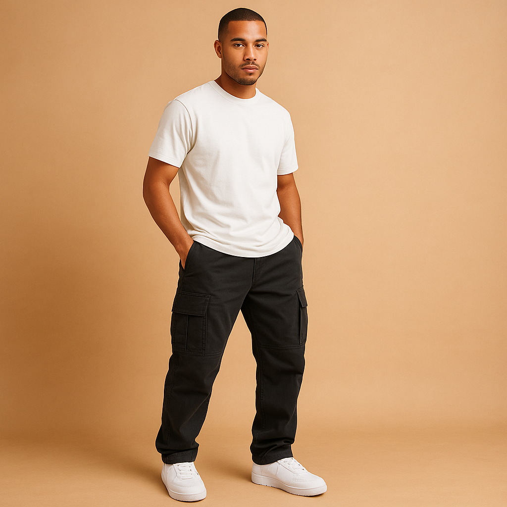 Men’s regular fit cargo pants with multiple pockets, ideal for work, casual outfits, and everyday use.