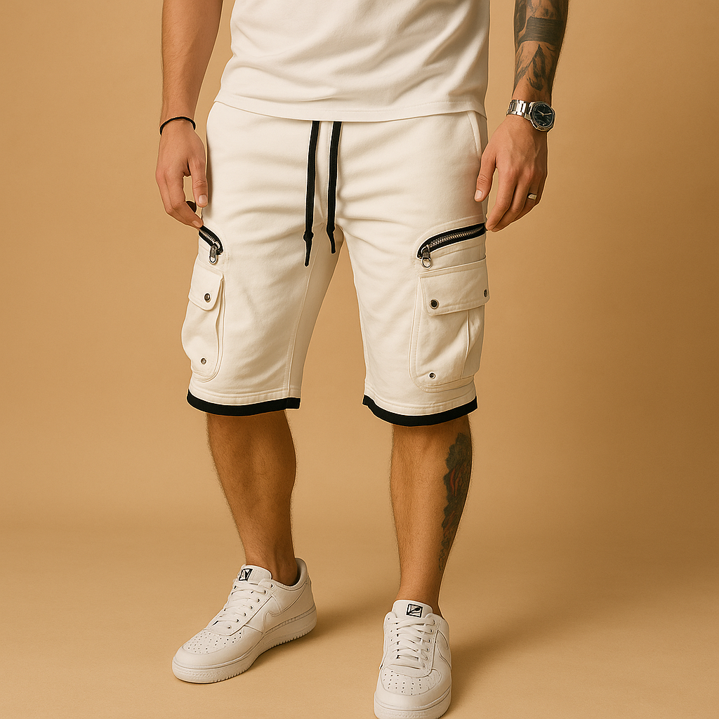 Men’s relaxed cargo shorts with drawstring and multiple pockets, ideal for summer wear, outdoor activities, and everyday comfort.