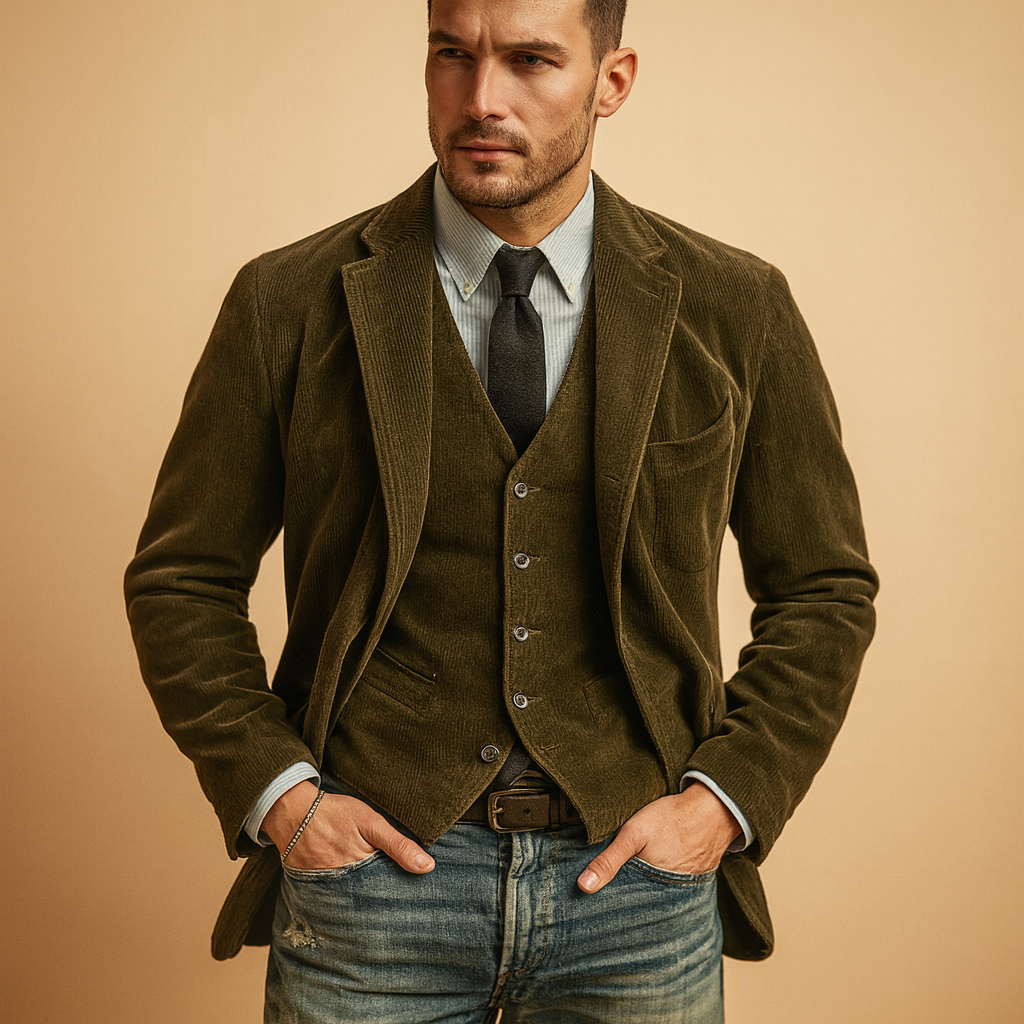 Men’s retro corduroy jacket with soft fabric, practical pockets, and a timeless fit, ideal for autumn and winter outfits.