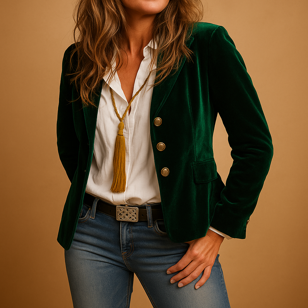 Retro slim-fit women’s blazer with lapel collar and functional pockets in classic colors, ideal for office wear and stylish casual looks.
