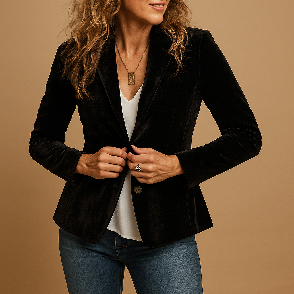 Retro slim-fit women’s blazer with lapel collar and functional pockets in classic colors, ideal for office wear and stylish casual looks.