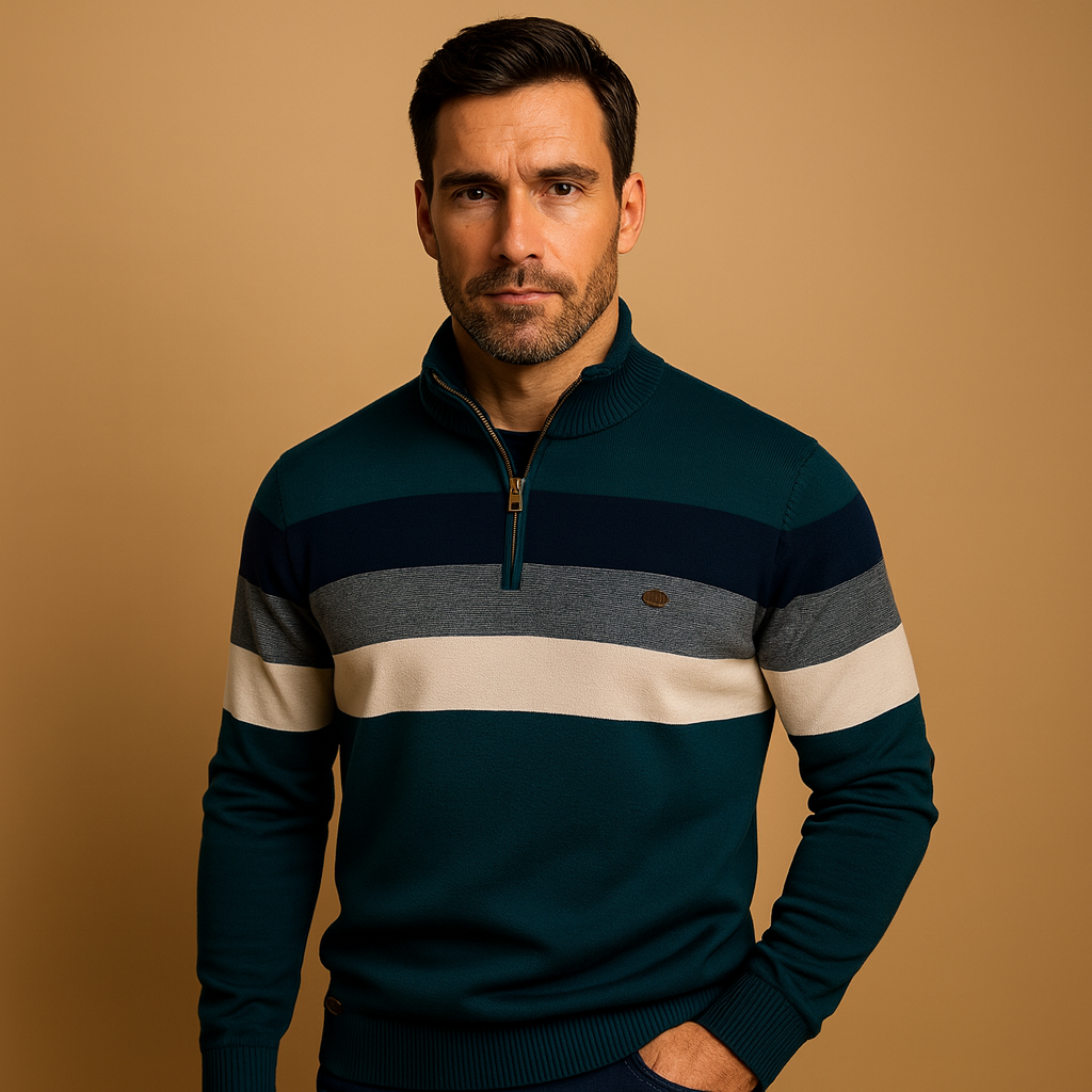Men’s retro striped pullover with zipper collar, featuring bold vintage-inspired stripes for stylish and comfortable autumn and winter wear.