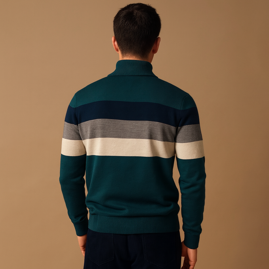 Men’s retro striped pullover with zipper collar, featuring bold vintage-inspired stripes for stylish and comfortable autumn and winter wear.