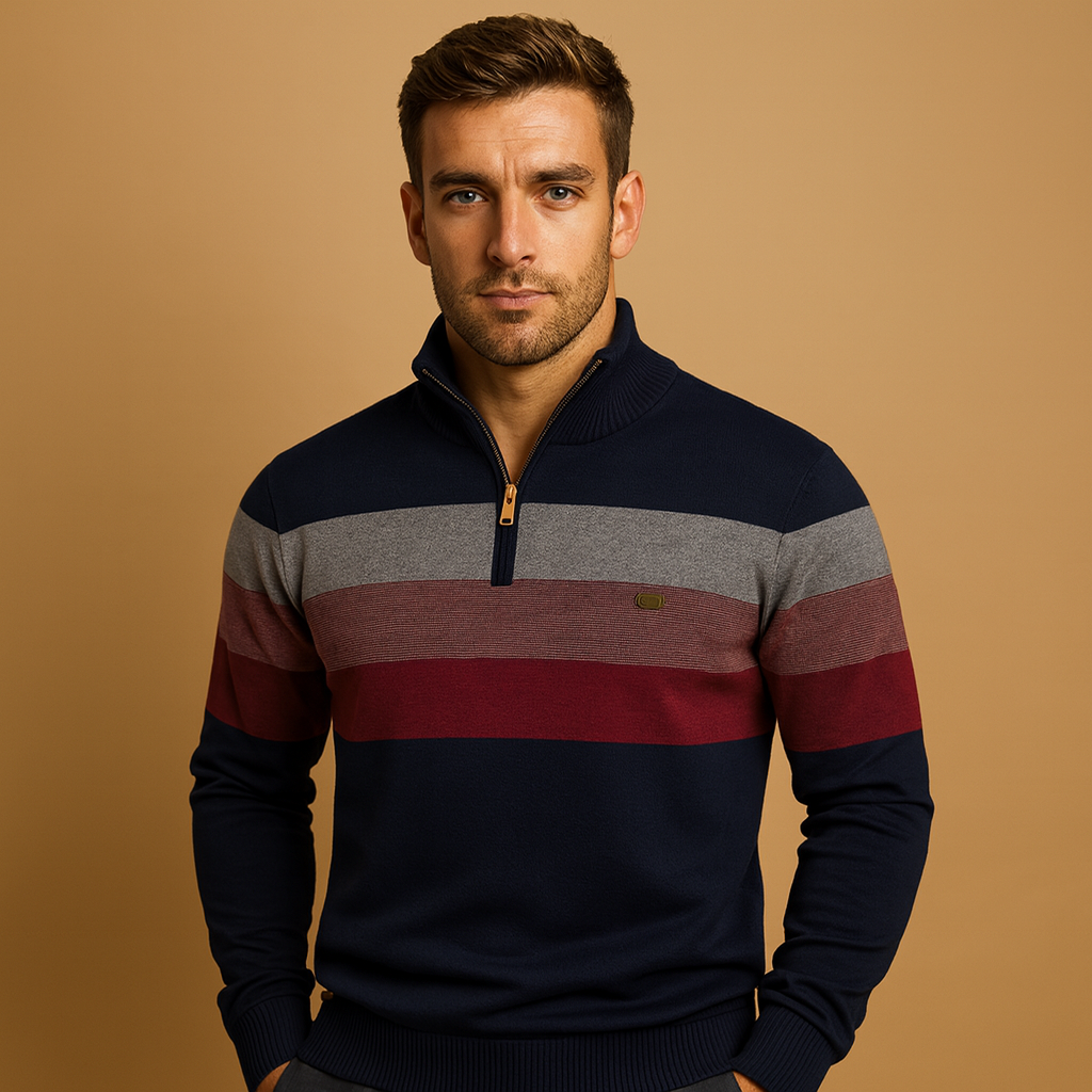 Men’s retro striped pullover with zipper collar, featuring bold vintage-inspired stripes for stylish and comfortable autumn and winter wear.