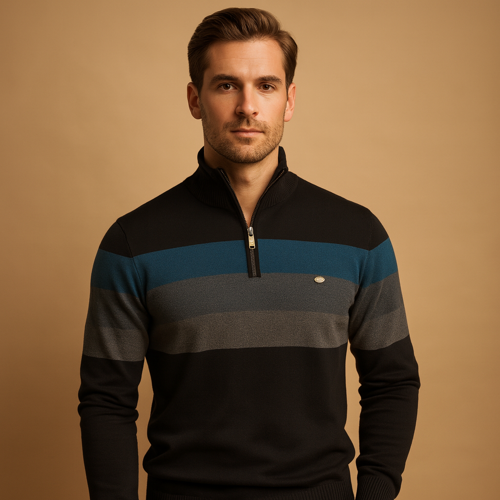 Men’s retro striped pullover with zipper collar, featuring bold vintage-inspired stripes for stylish and comfortable autumn and winter wear.