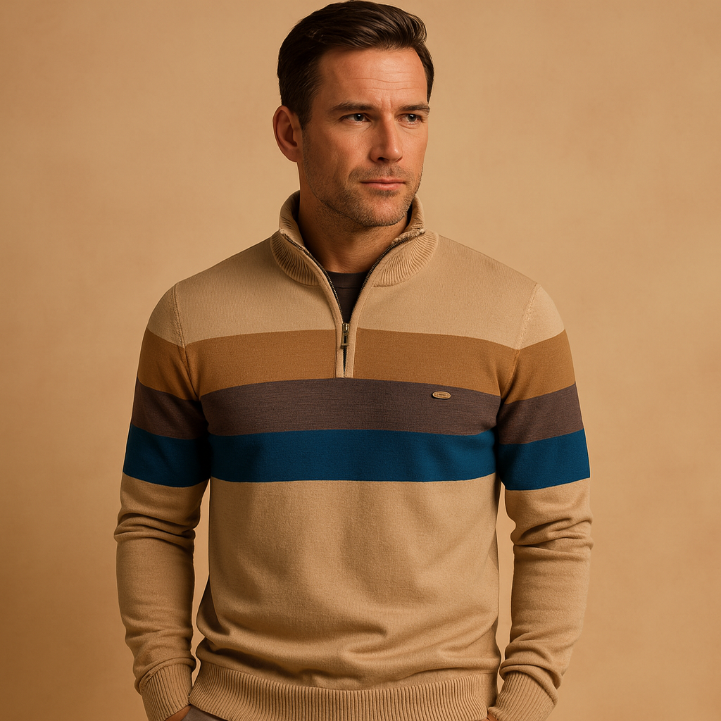 Men’s retro striped pullover with zipper collar, featuring bold vintage-inspired stripes for stylish and comfortable autumn and winter wear.