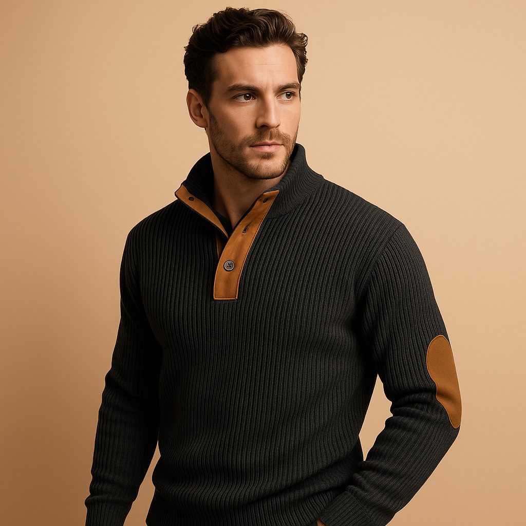 Men’s ribbed stand-collar sweatshirt with button closure, soft breathable feel, and versatile design for autumn and winter wear.