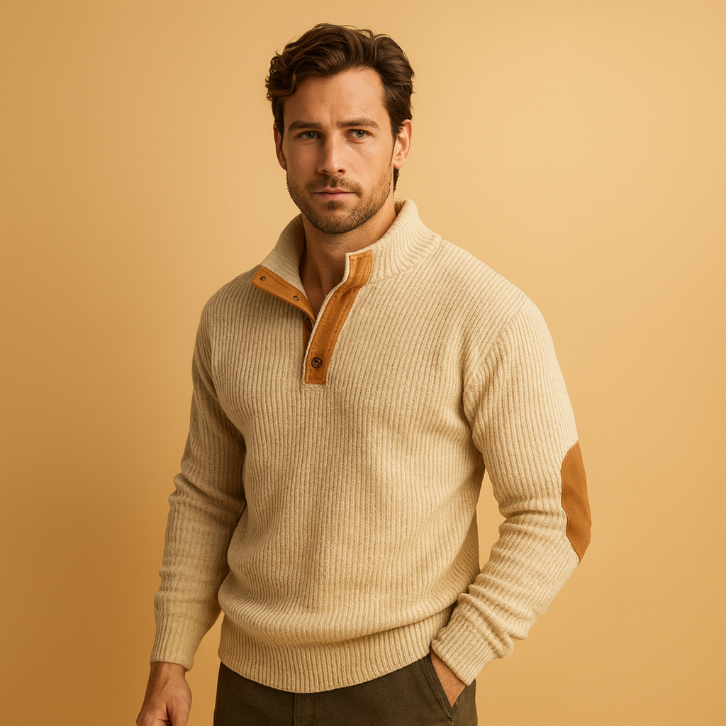 Men’s ribbed stand-collar sweatshirt with button closure, soft breathable feel, and versatile design for autumn and winter wear.