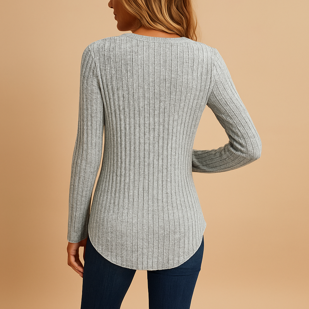 Women’s ribbed V-neck top in grey with button details, ideal for casual wear or layering in cooler seasons.