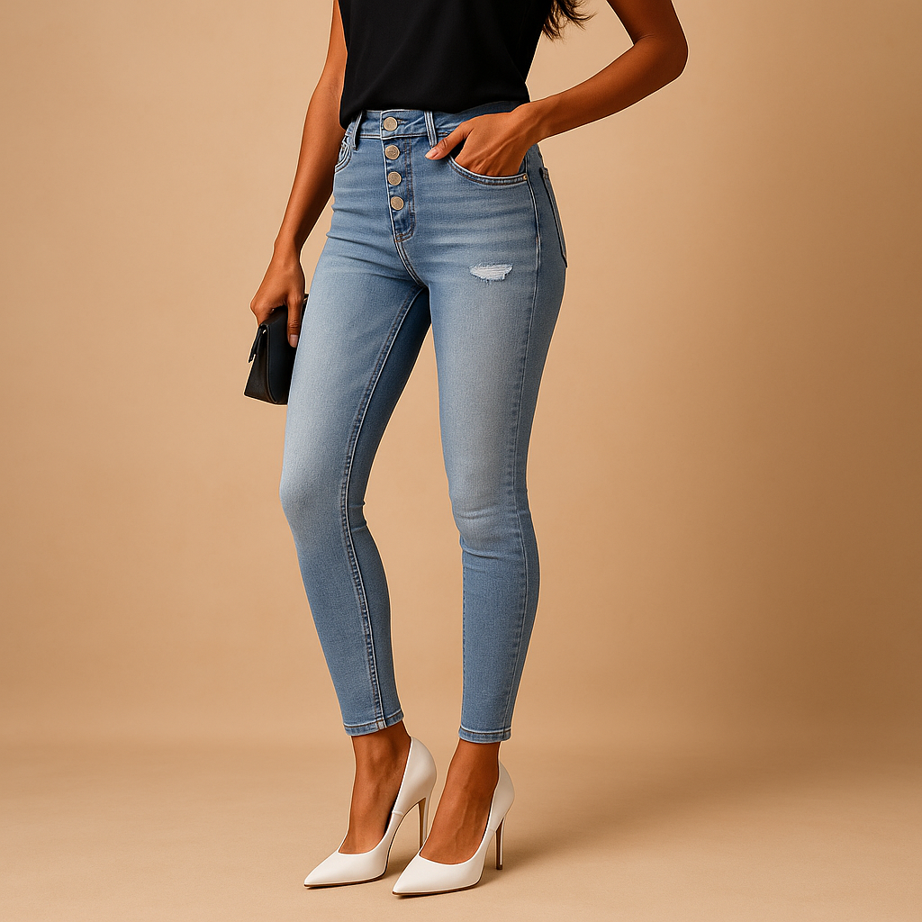 Women’s ripped slim fit jeans with distressed denim details and a flattering silhouette, perfect for casual outfits and modern everyday style.