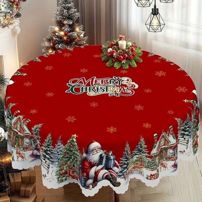 Round Christmas Tablecloth with Scalloped Edges and Festive Poinsettia Design - Image 1