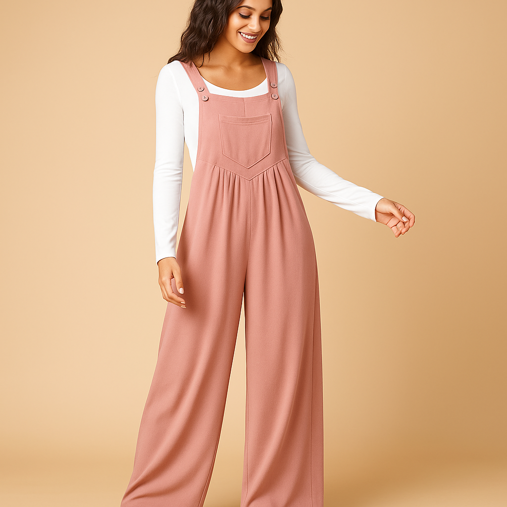 Woman wearing a sleeveless ruched casual jumpsuit with a loose fit and functional pockets, ideal for everyday comfort and casual outings.