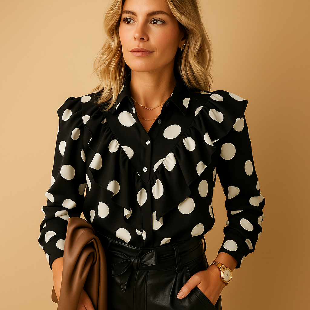 Women’s ruffled V-neck blouse with soft stretch fabric and lightly tailored fit, ideal for casual and formal outfits.