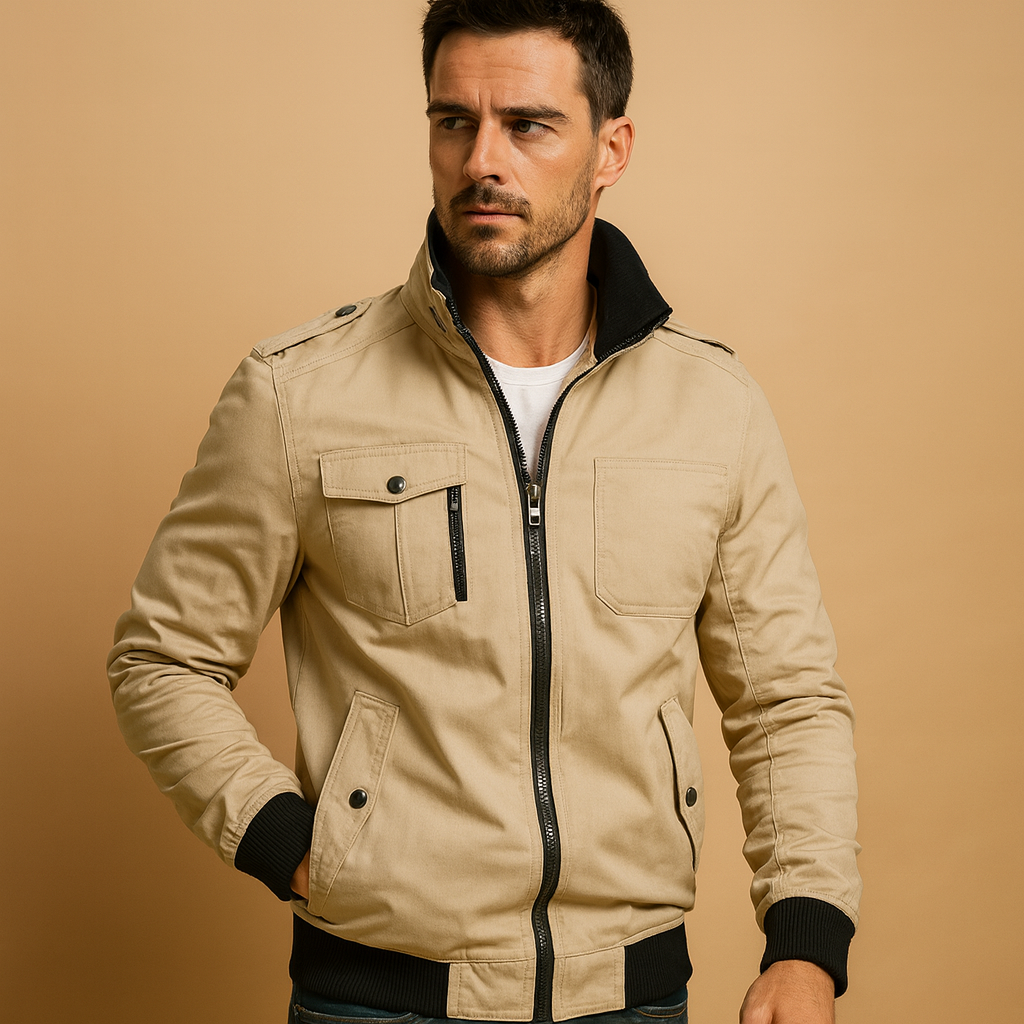 Men’s rugged bomber jacket with tactical details, high collar, ribbed cuffs, and multiple pockets, suitable for daily wear and outdoor adventures.