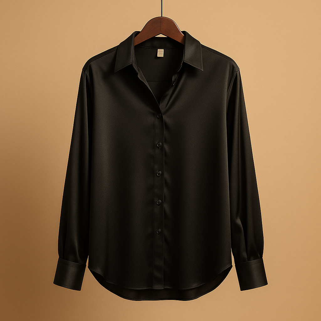 Women’s satin blouse with a fold-over collar and elegant button closure, ideal for work or dressed-up outfits.