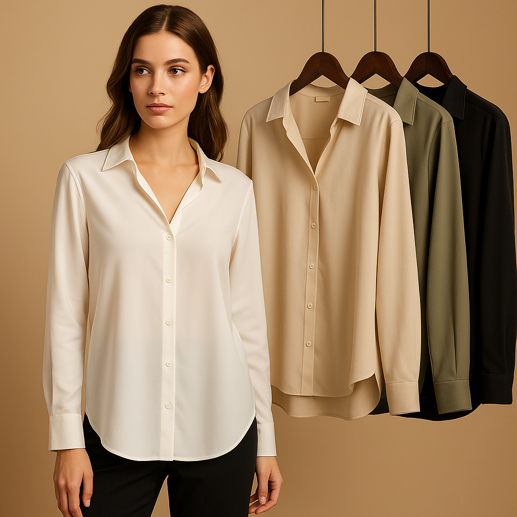 Women’s satin blouse with a fold-over collar and elegant button closure, ideal for work or dressed-up outfits.