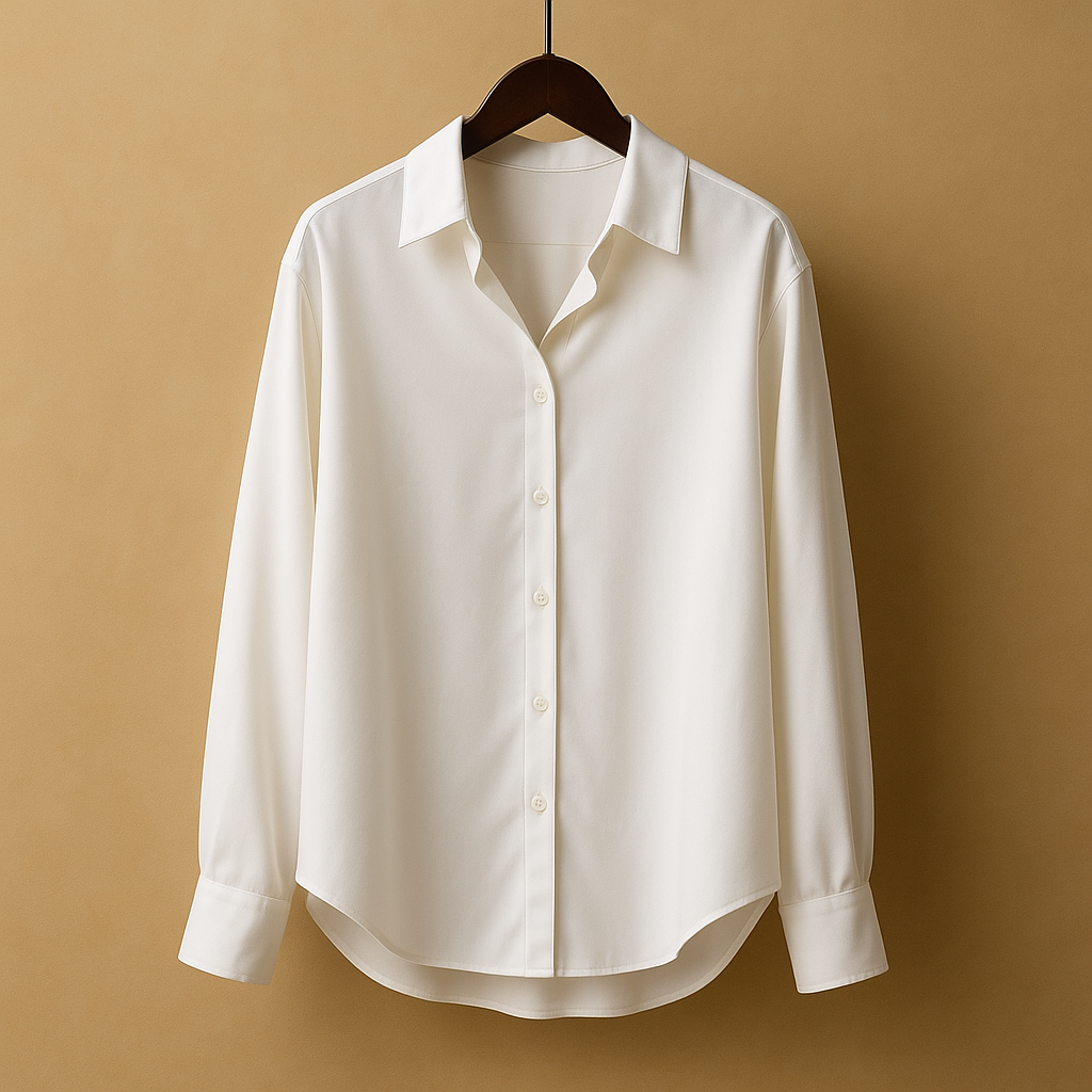 Women’s satin blouse with a fold-over collar and elegant button closure, ideal for work or dressed-up outfits.