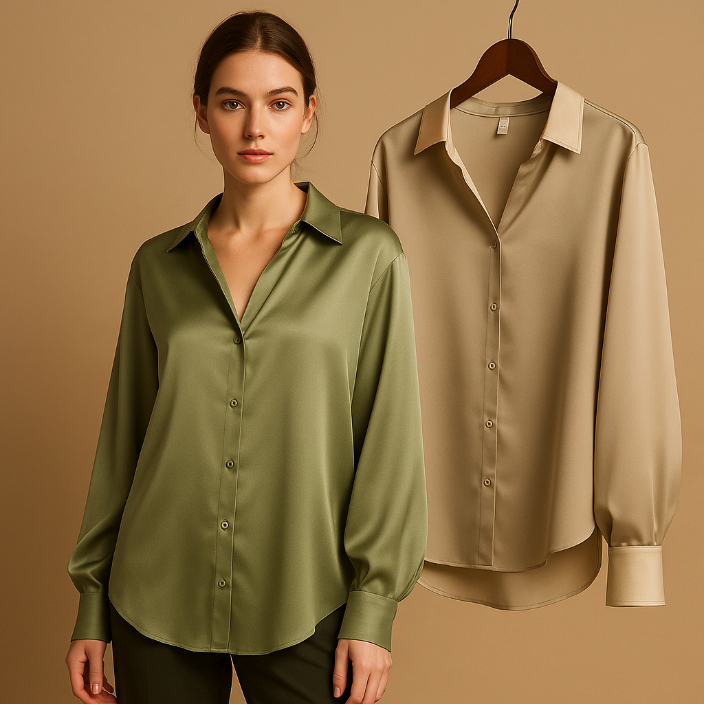 Women’s satin blouse with a fold-over collar and elegant button closure, ideal for work or dressed-up outfits.