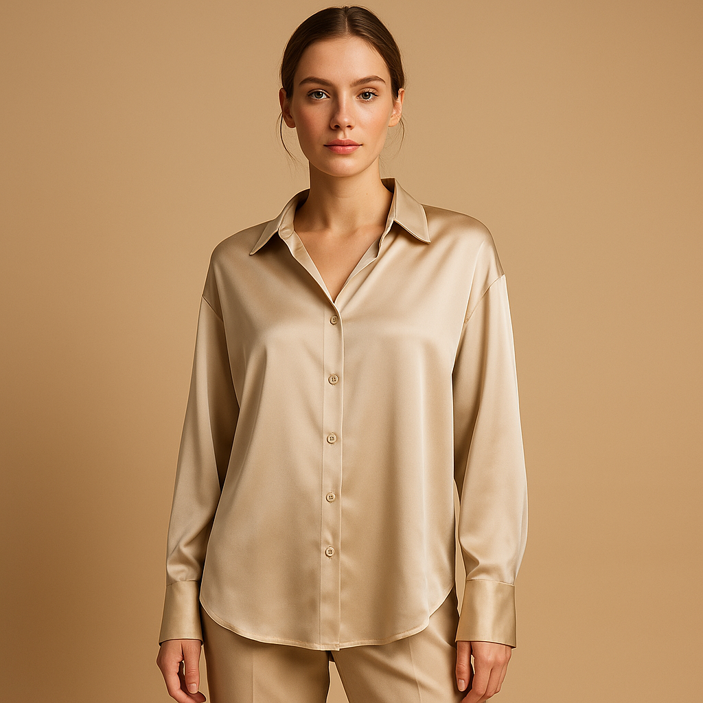 Women’s satin blouse with a fold-over collar and elegant button closure, ideal for work or dressed-up outfits.
