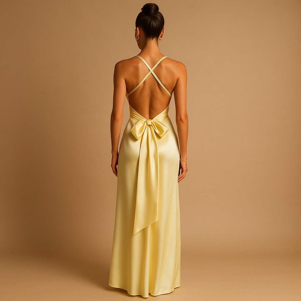 Women’s satin halter neck evening dress with fitted bodice and elegant maxi length, perfect for weddings, gala events and formal occasions.