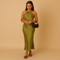 Women’s green satin wrap dress with long sleeves and elegant silhouette, perfect for weddings, evening parties, and formal occasions.