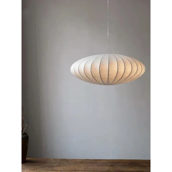 Saucer Pendant Light with Mid Century Modern Fabric Shade and Adjustable Hanging Cable - Image 1
